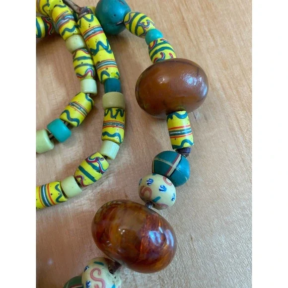 Vintage African Trade Bead Necklace Faux Amber Millefiori Glass Ethnic Bohemian - Picture 4 of 12